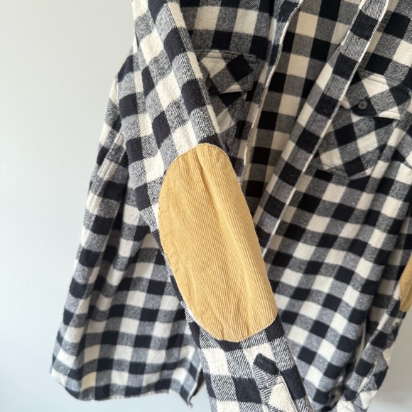 ROOTS Plaid Flannel Button Front Shirt Elbow Patches Black and Tan Large - Picture 4 of 8
